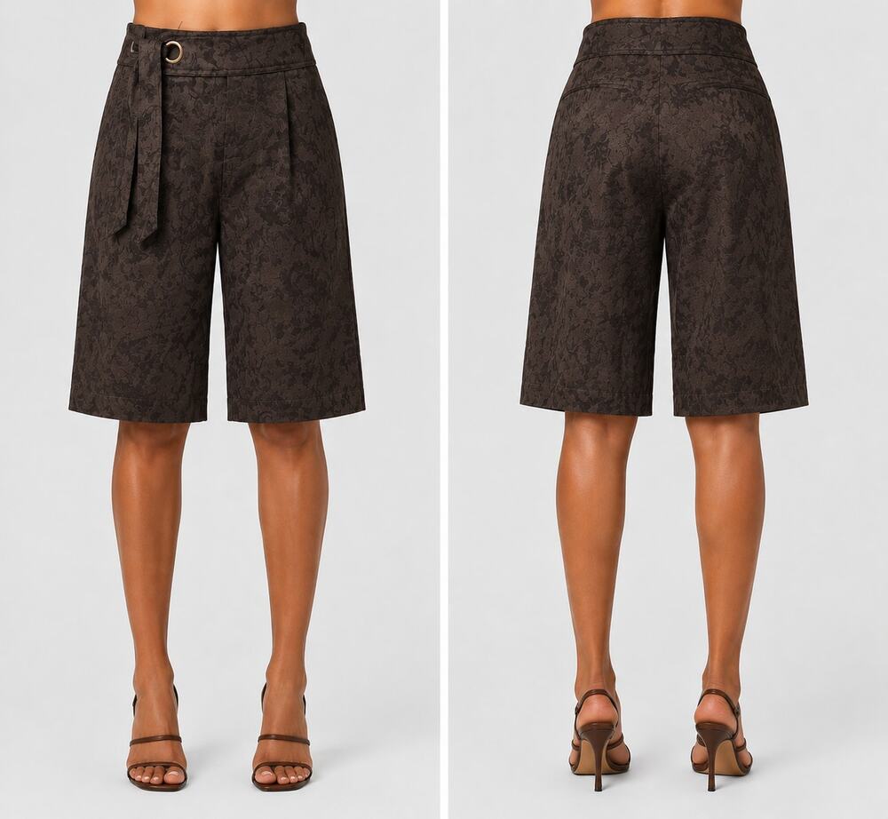 Cache Brown Jacquard Self Belt Walking Bermuda City Short Pant Textured NWT $88